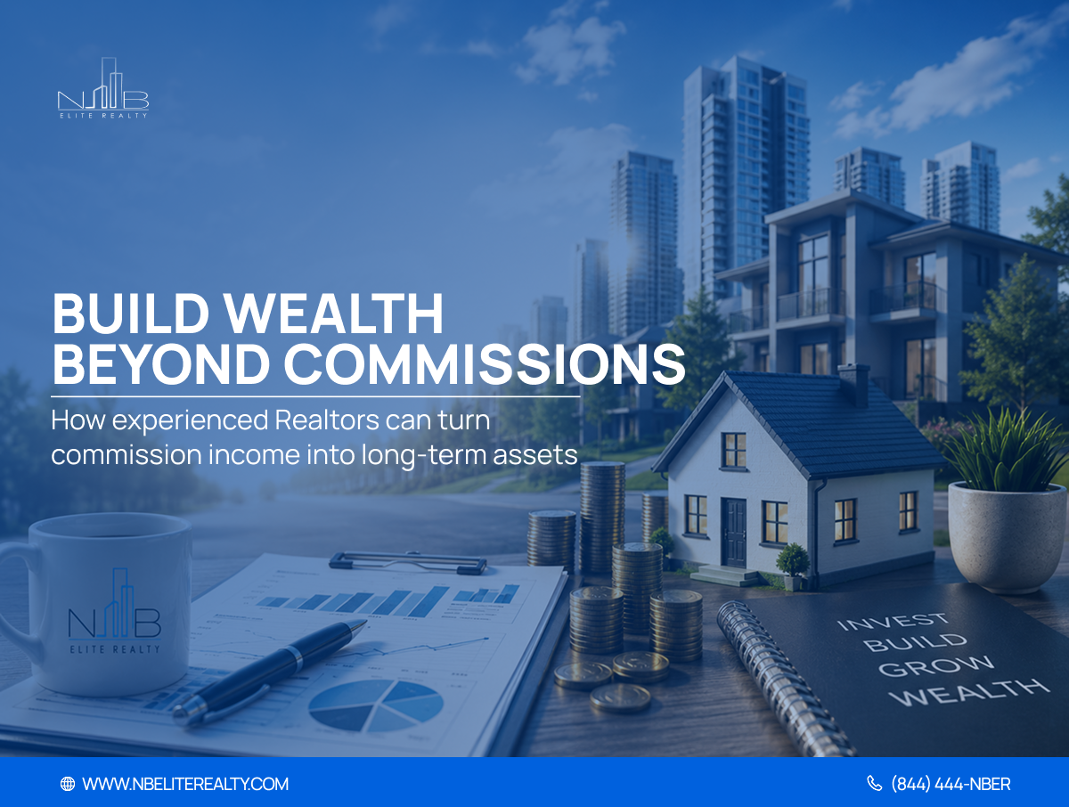 Real estate investment concept with a house model, coins, financial charts, and modern properties